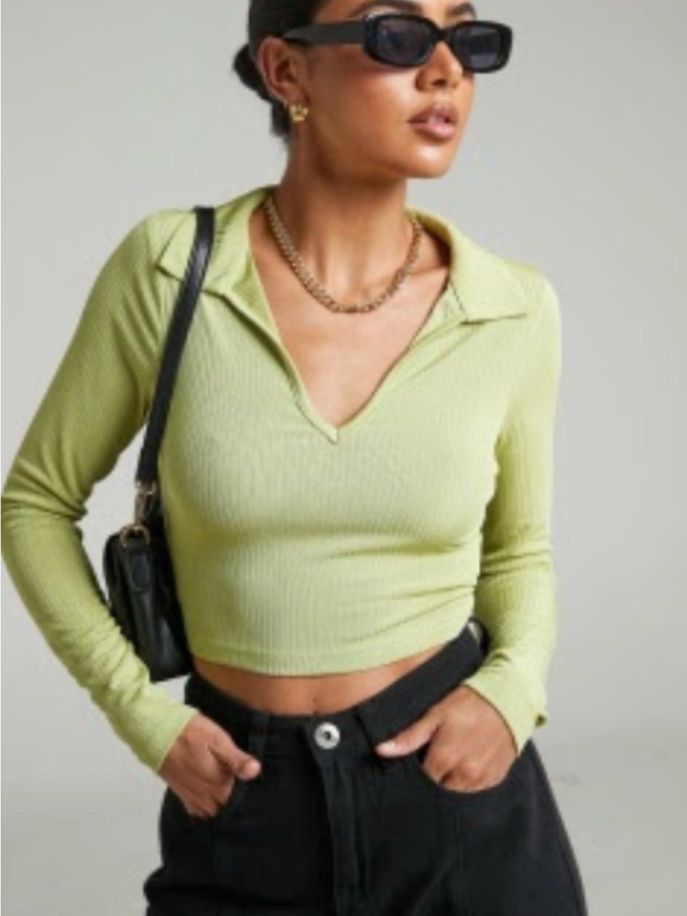 NWT!! Showpo Light Lime Green Ribbed V-Neck Collared Long Sleeve Crop Top